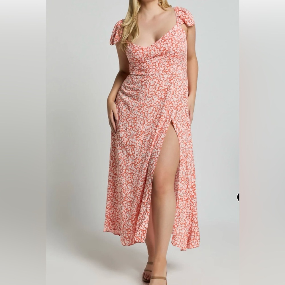 Orange and White Showpo Midi Wedding Guest Dress